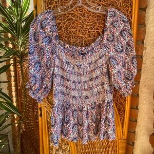 Scoop Floral Smocked Women's Top Blouse Blue and Red Size Large